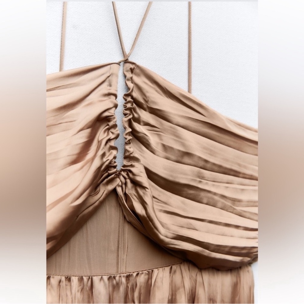Zara Beige Satin Ruched Maxi Dress - Picture 3 of 4